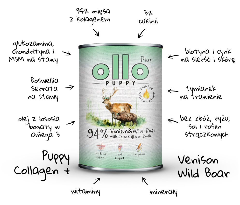 Karma mokra dla szczeniaka Ollo Kolagen Plus Jeleń i Dzik w sklepie Ollo